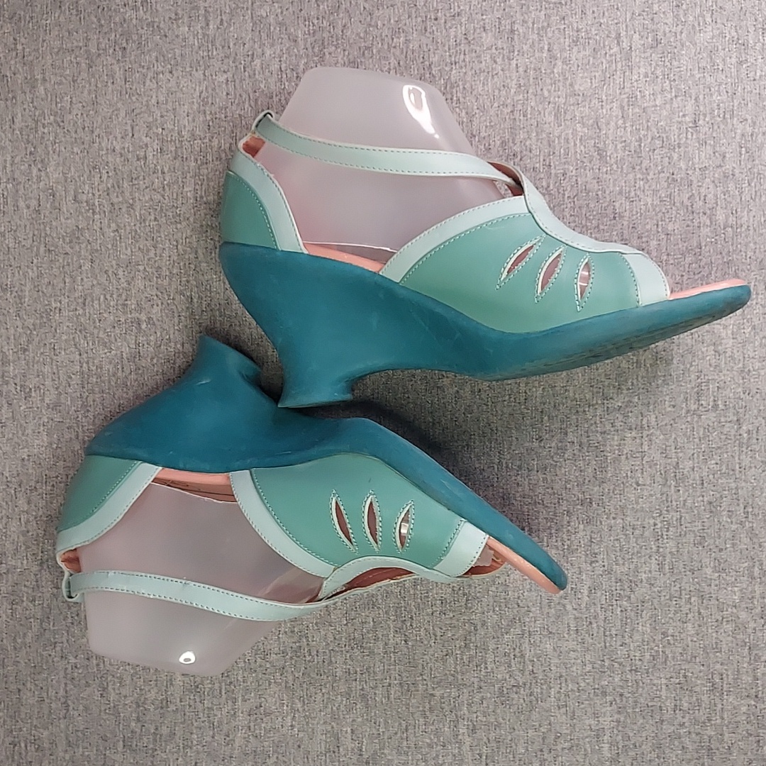 John Fluevog Rosita Aqua Teal Leather Sculptural Cut Out Wedge Size Women's 9